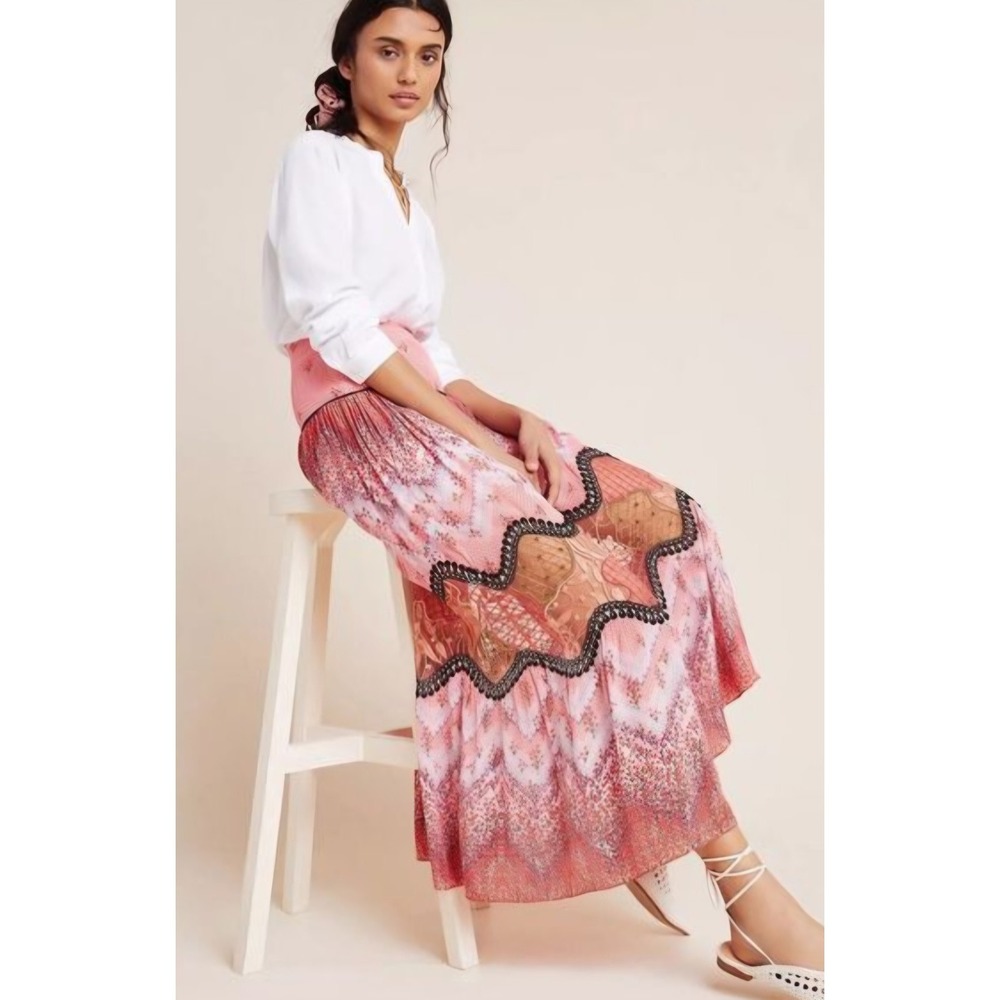 Anthropologie Haylie Lace  Maxi Skirt Size 2 Bhanuni By Jyoti Sheer Panel Tiered